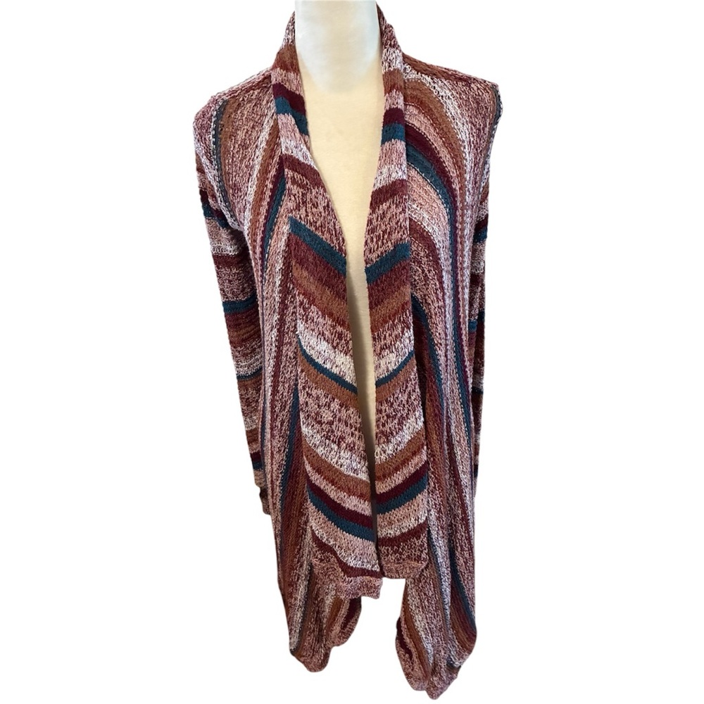 American Eagle Open Front Cardigan XS Burgundy Teal Tan White Boho Knit